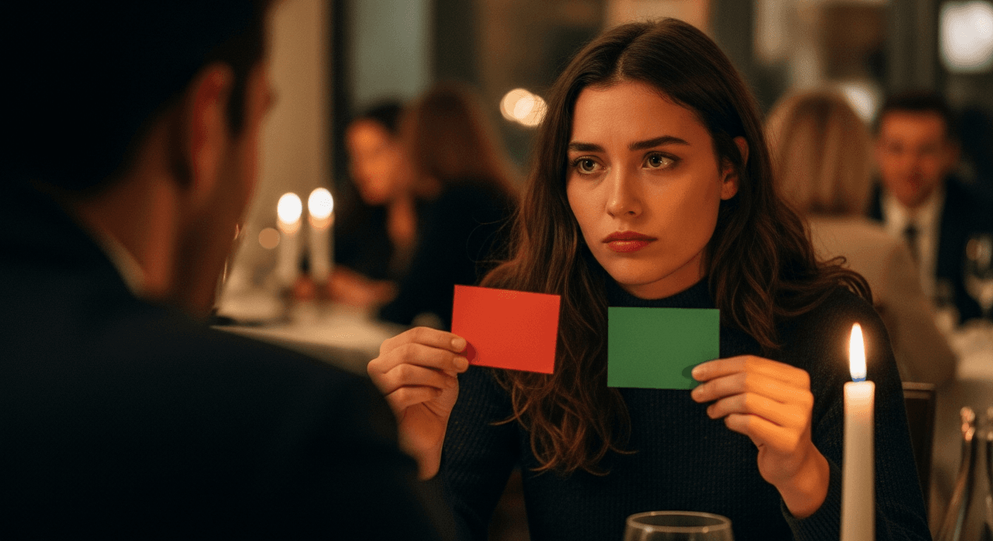 Woman on a date holding red and green flags, looking thoughtful and uncertain about her partner's intentions