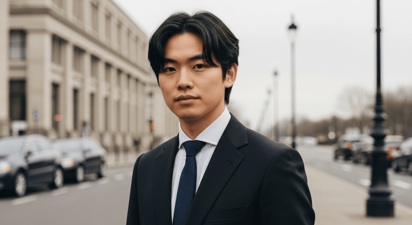 Three well-dressed men in a lineup, one hiding a cold calculating expression behind a charming smile