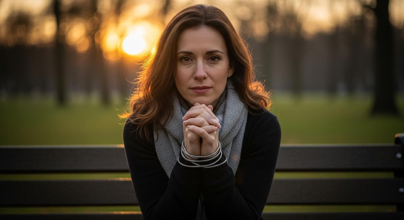 Woman sitting alone on a park bench at golden hour, hands clasped tightly, reflecting the emotional pull of a trauma bond